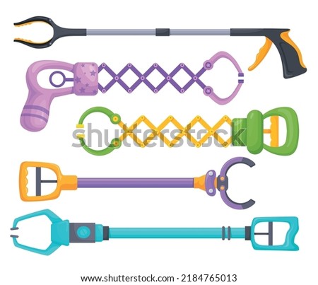 Grabber tool. Grab toy or stick claw for picking garbage, mechanical robot extendable arm picking-up trash device, picker equipment machine cable crane, neat vector illustration of crane game grabber
