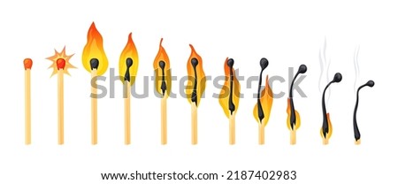 Burning match animation. Burn matches stages, burned flame matchstick row wood ignition flammable stick animated gif loading combustion blow fire, isolated neat vector illustration of animation burn