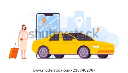 Cabs service application. Woman waiting taxi car route in airport location, mobile app service online city cab travel delivery transport auto traffic, vector illustration of taxi cab transport