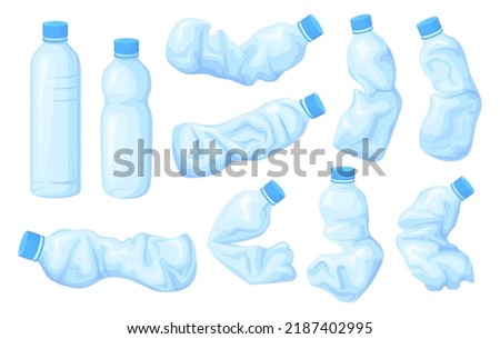 Crumpled bottles. Unhygienic plastic crush bottle water, used broken bottled trash garbage refuse plastics discarded sea waste environment contamination, neat vector illustration of bottle recycle Stockfoto © 