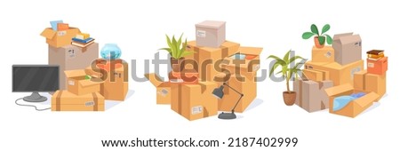 Stack home boxes. Moving house many cardboard box for storage family stuff clothes furniture, parcel packing move relocation apartment office, vector illustration. Package cardboard stack and pile