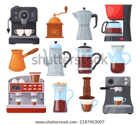 Cartoon coffeemaker. Coffee machines clipart, french press filter coffeemakers cafe kitchen craft hot espresso maker machine turkey pot kettle barista shop vector illustration of coffeemaker machine