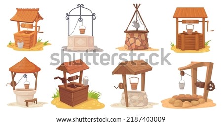 Cartoon water wells. Wood and stone old rural well in village garden, ancient medieval wishing draw-well rustic farm source fresh drink bucket on crank pulley vector of wood farm well illustration