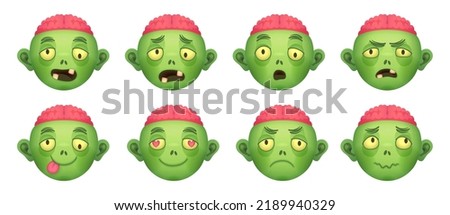 Zombie emoji. Cartoon zombies avatars, comic head brain emoticon dead face logo, spooky scary halloween monster costume party caricature icons, ingenious vector illustration of emoji character cute