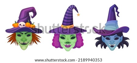 Witches mask. Halloween scary witch faces, carnival head disguise evil masks for scary helloween masquerade costume, scary makeup woman face in hat, ingenious vector illustration of monster face