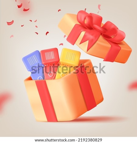 3d gift ticket. Benefits coupon in present box, benefit shopping holiday surprise bonus offer discount voucher percent badge fly gifts sales shop, vector illustration. Promotion present and discount