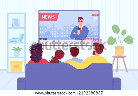 Family watching news. Couple father mother children watch tv show screen on sofa couch back view, television network information technology in home room, swanky vector illustration