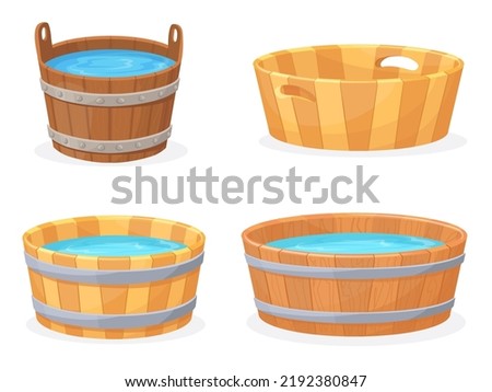 Cartoon wooden tub. Wood vats with hot water, rustic baths woodens basins round handmade bathtub for wash sauna steam spa bathroom or storage wine bowl, neat vector illustration of bucket or barrel