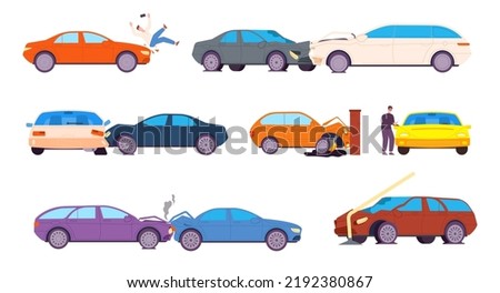 Road misfortunes. Broken crash cars road traffic accident, insurance damage dangerous wreck vehicle car thieves injured pedestrian breakdown automobile splendid vector illustration of crash on road