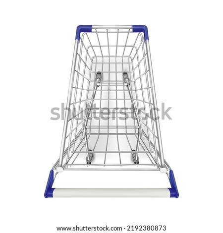 Supermarket trolley top. Photo realistic shop trolly cart above view, empty shopping metal basket wheels carting purchases, grocery market equipment, 3d vector illustration of market basket trolley