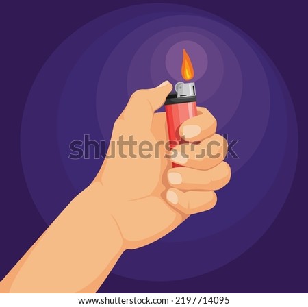 Hand hold lighter. Smoker arm holding lighters for burn fire cigarette or matchstick, pyromaniac man finger light smoke flame using tobacco drug, isolated vector illustration. Lighter flammable burn