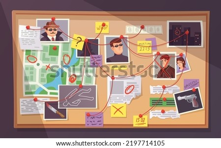 Detective board. Pinboard crime investigation map, pins threads wall criminal police clues evidence laboratory newspaper private investigator, ingenious vector illustration of investigation scheme