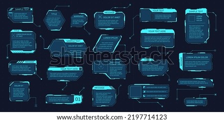 Hud callout boxes. Futuristic space display information layout, digital info frame element for text title, cyber call video screens high tech infographic garish vector illustration of space tech game