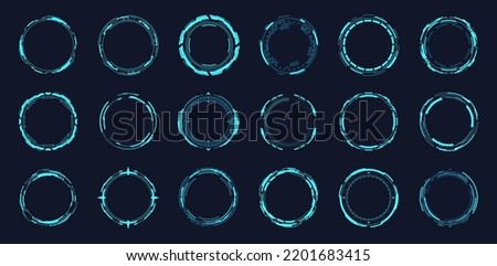 Hud round frames. Futuristic circle portal in abstract space, techno control hologram ui elements digital system sci-fi computer interface military game, vector illustration of circle frame round