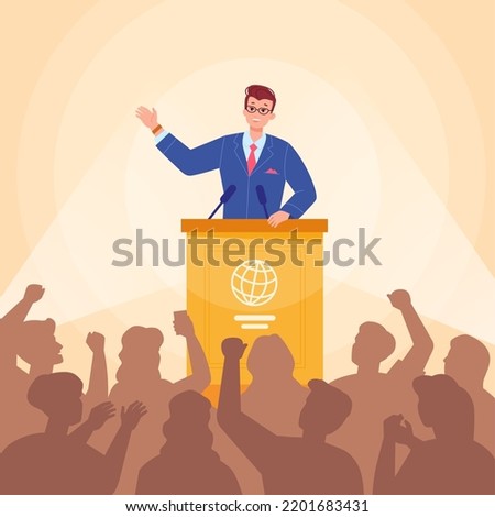 Politician speaker audience. Minister president government on podium speaking voting people, public confident orator in conference tribune, swanky vector illustration of minister candidate public