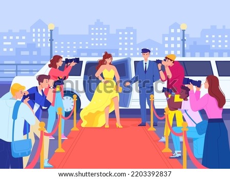 Celebrity photographer. Famous hollywood actress on red carpet in camera paparazzi, american movie star at limousine car, fashion lifestyle oscar event, vector illustration of celebrity posing famous