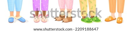 Legs in slippers. Kid feet wearing cartoon animal slipper, pajama party cloth, fluffy comfort home footwear house bedroom pair shoes sleep style clothes, neat vector illustration, Home foot shoes set