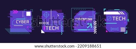 Glitch hud banners. Glitchy poster techno art cyberpunk concept, future place tech notes, contemporary print abstract text scifi geometric frame, glitch garish vector illustration of glitch futuristic