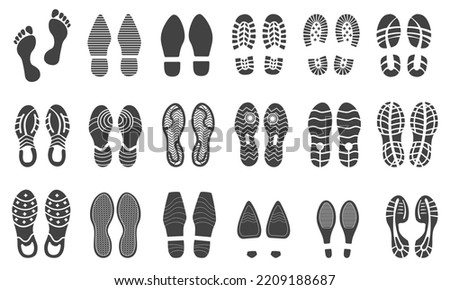 Shoe traces. Foot prints man boot sole, identity footprints sneaker or barefoot feet step mark shoeprint stamp in mud footmark track shoes with heels, vector illustration of identity boot silhouette