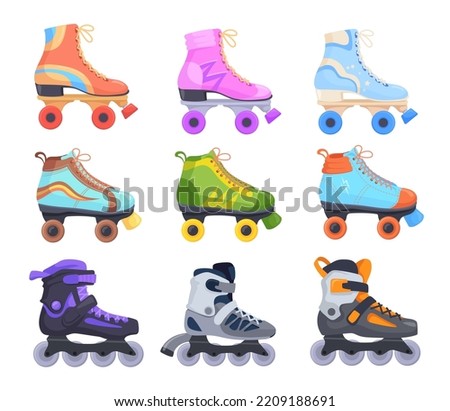 Rollerskates. Cartoon roller skates, retro footwear on wheels kid sport shoes vintage disco derby 90s or 80s quad roll boot old school skating roller, set neat vector illustration