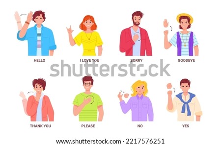 Basic deaf signs. Deaf-mute sign language symbol, articulated gestures for conversation deafness mute people goodbye hello thank you speak articulations, swanky vector illustration