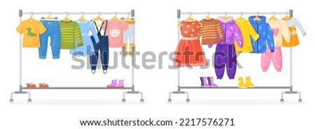 Kids clothes racks. Children apparel on hanger of baby shop or kid wardrobe, fashion coats pants dress rack for closet sale store or child garment charity, neat vector illustration of apparel hanger