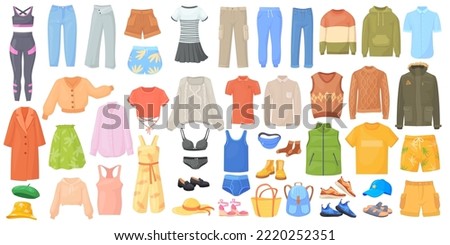 Cartoon seasonal garment. Fashionable clothes and accessories, female jeans pants fashion outfit business casual clothing season wardrobe dress hat jacket, neat vector illustration of garment fashion