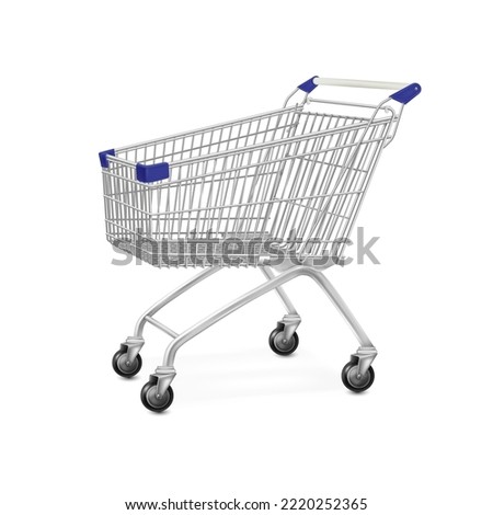 Metal supermarket cart. 3d isolated pushcart silver trolly, empty shop trolley perspective side, steel store wheel basket for shopping market, realistic tidy vector illustration of basket shop