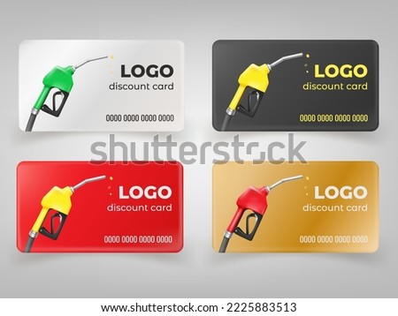 Fuel discount cards. 3d refuel gift coupon, gasoline voucher on free petrol fueling diesel vehicle or auto oil, bank card template of gas station service, tidy vector illustration of fuel discount