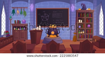 Magic room interior. Mystery library wizards school, sorceress house witch alchemy laboratory cartoon fairy study classroom indoors medieval castle, ingenious vector illustration of magic education