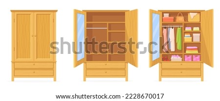 Closed open cupboard. Wooden dress cabinet, wardrobe room cartoon closet inside with shelf clothes organisation fashion hanging rack garment accessories, neat vector illustration of dress storage