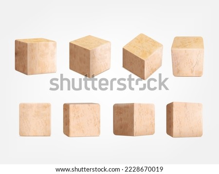 Realistic wooden blocks. 3d wood cube block with timber surface for baby game, school child tower build games alphabet education, wooden cubes square brick tidy vector illustration of 3d wood cube
