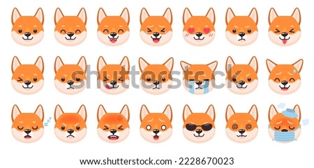 Dogs emoticons. Dog character face showing expressions and emotions, kawaii anime puppy emoji angry sad happy nap cry wink cute pet expression, ingenious animal vector illustration of dog pet cartoon