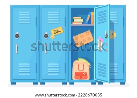 Open school lockers. Opened door locker highschool hallway, student closets for safety storage college contents books backpack, university cabinets vector illustration of closet wardrobe for school