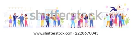 Colleagues congratulations. Colleague clapping congratulate to coworker, corporate birthday celebration office party best youthwork employee achievement vector illustration of business team success