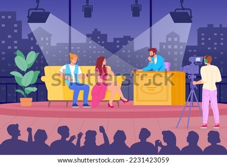 Late night show. Tv evening hosting presenter talk with celebrity personality in studio audience, live talk-show interview on camera, media entertainment swanky vector illustration of tv show