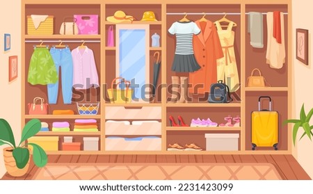 Clothes inside wardrobe. Inner space closet cartoon clothes on hanger, personal cupboard room fashion handbag and things footwear bag luxury shoes box vector illustration of wardrobe inside closet