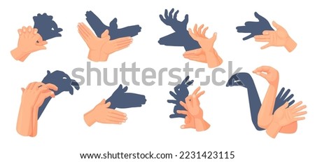 Hand shadow theatre. Animal shadows theater concept, theatrical gestures from finger human hands, antique puppet playing games light shade imagination ingenious vector illustration of puppet shadow