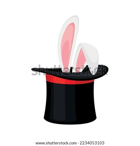 Magician hat with bunny ears. Circus show with magic hat and rabbit. Vecrtor illustration of circus hat and show rabbit, bunny wizard surprise, illusionist trick