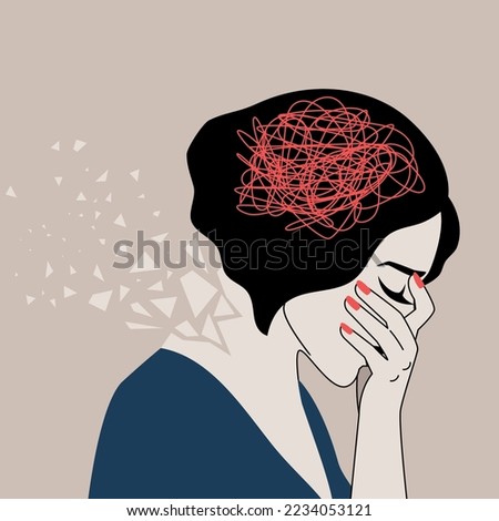 Depressed adult woman with confused thoughts holds the head with her hand. The concept of mental illness. Borderline personality disorder of depression stress anxiety illustration