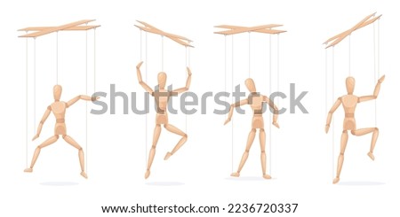 Wooden marionettes. Cartoon marionette doll on string for puppeteers hand, wood puppet manipulation, dummy mannequin at control rope, man theater toy vector illustration of marionette doll and puppet