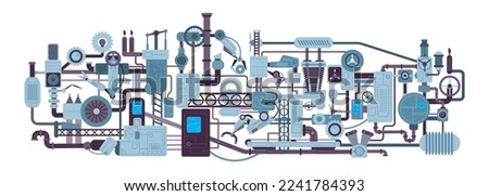 Machine mechanism complexe. Mechanical engine gears cogs robot manufacturing, steampunk pattern science factory funnel steam energy process, vector illustration of engine machinery mechanical