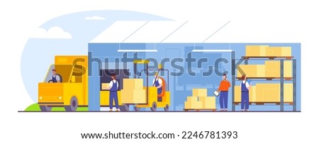 Forklift loading pallet in truck. Warehouse loading power lift driver, lorry center cargo delivery distribution logistic loaded car on storage platform vector illustration of warehouse and forklift