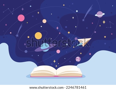 Cosmos book imagination. Storybook night universe children science astronomy learning or magic space fairytale earth planet and alien ship, fantasy textbook vector illustration of space imagination