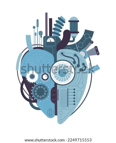 Mechanical heart. Machine heart, love motor industrial pump complex with gears pipe cables, robotic hearts steam or cyber punk tattoo, splendid vector illustration of machine mechanism technology