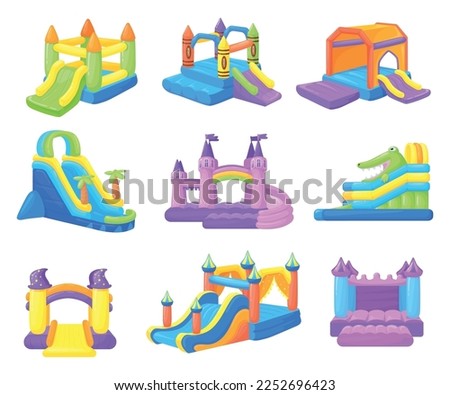 Inflatable castles. Inflated castle and air bouncy slides for kids park, rubber playgrounds child game bounce in house or jumping on trampoline attraction, neat vector illustration of inflatable jump