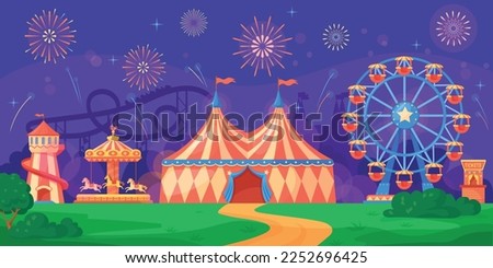 Night fairground. Outdoor funfair carnival, amusement park with colorful neon attraction carousel ferris wheel rollercoaster fair festival background, vector illustration of park fairground amusement
