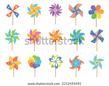Cartoon pinwheel. Paper propller kid toy, set color windmills baby joy wind mill summer weather, breeze wheel child color whirligig spinner or weathercock, neat vector illustration