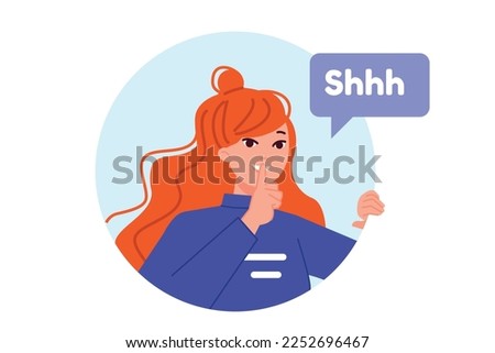 Silence expression. Calm woman ask for quiet and not talking, shh hand gesture girl portret keep secret concept, hush shushing silent lady noiseless person vector illustration of woman secret gesture