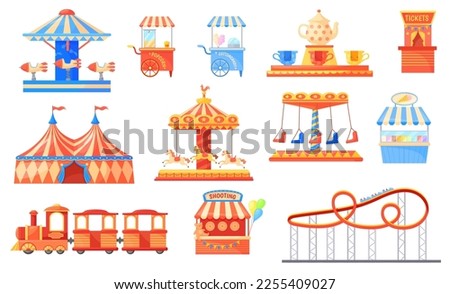 Funfair carousels. Amusement park on fairground with horse carousel, fun fair rides and roller coaster carnival circus tent, kid train fantasy playground, vector illustration of funfair carousel park